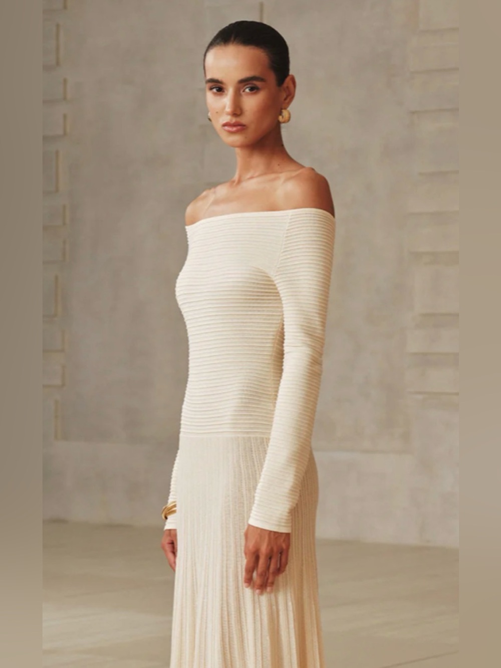 COMMENSE Off-Shoulder Cream Textured Knit Maxi Dress Size Small NWT - Picture 2 of 10